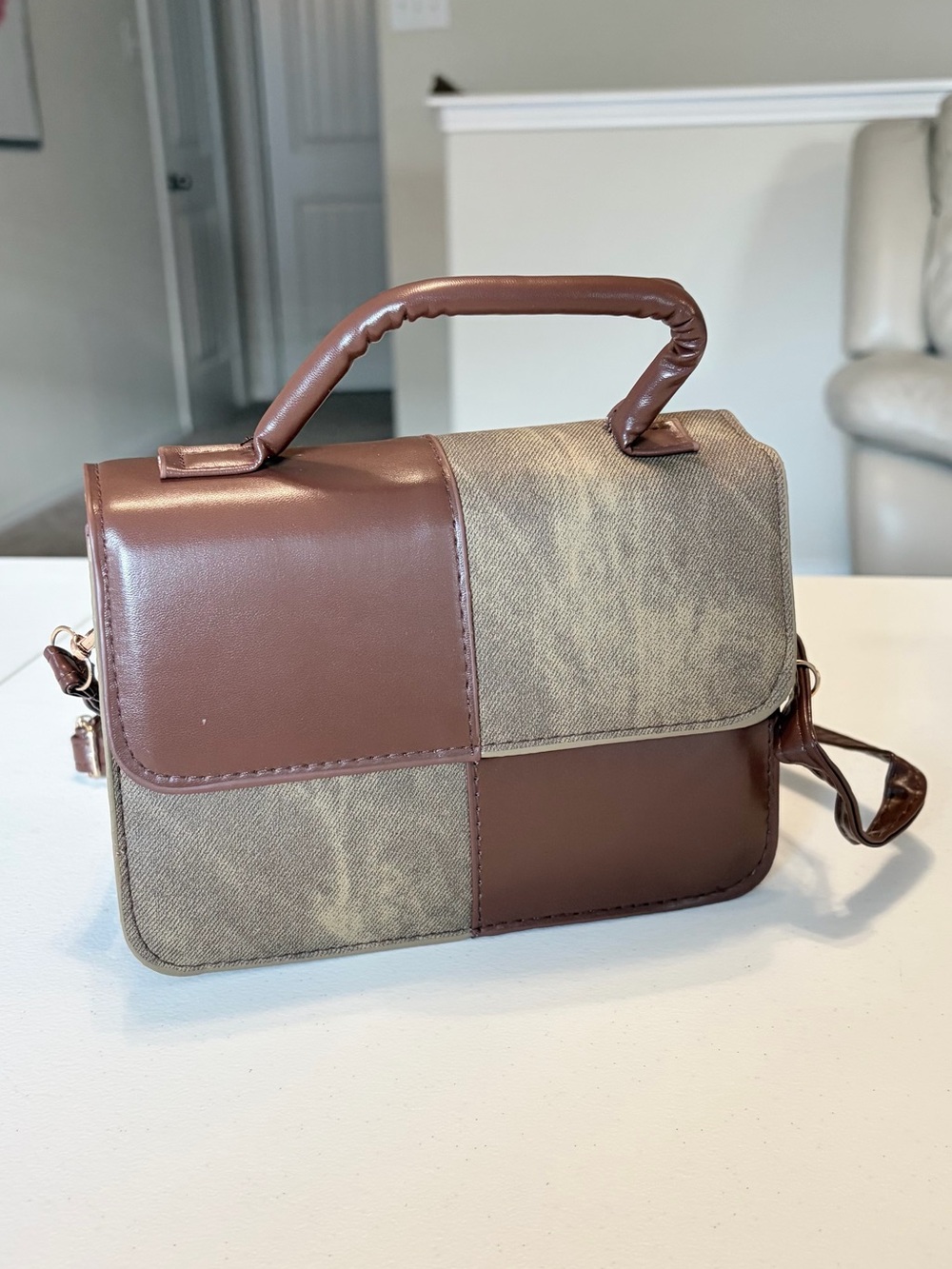 Brown Patchwork Top-Handle Crossbody Bag. - Picture 1 of 5